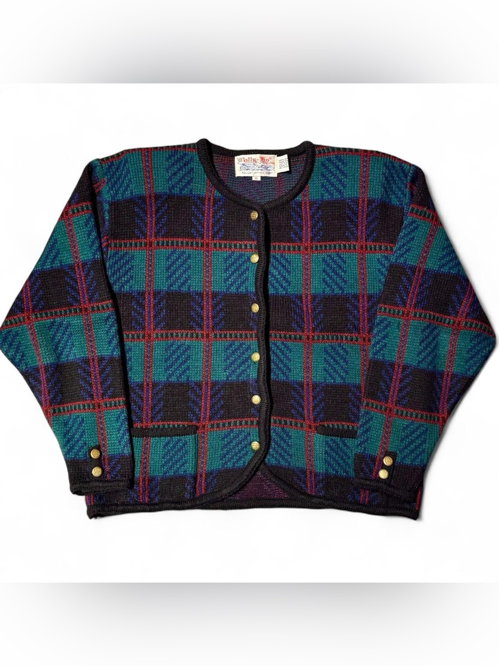 VINTAGE 80s PLAID CARDIGAN SWEATER WITH GOLD BUTTONS